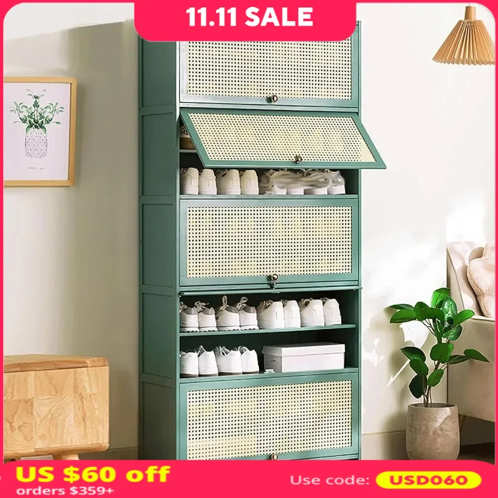 

11-Tier Slim Shoe Cabinet with Rattan Decor Doors，Breathable Shoe Rack Organizer，Storage Cabinet，Free Standing Shoe Racks