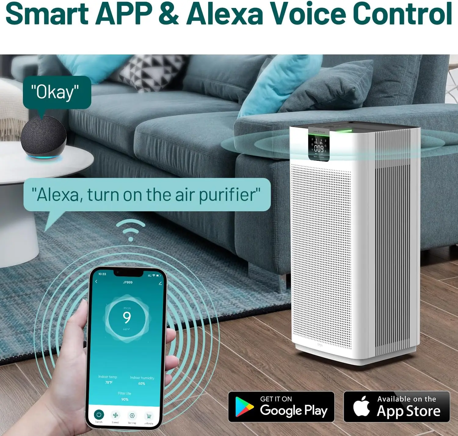 Purificador de aire con soporte para aplicación y Alexa, filtros de aire de carbón activado 13, limpiador de aire, elimina 99.97% Du