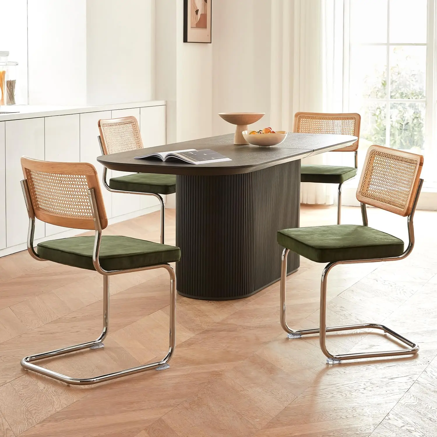 

Green Rattan Dining Chairs Set of 4, Wooden Mid Century Modern Kitchen Chairs, Mesh Back Cane Dining Room Chair, Cesca Design Ch