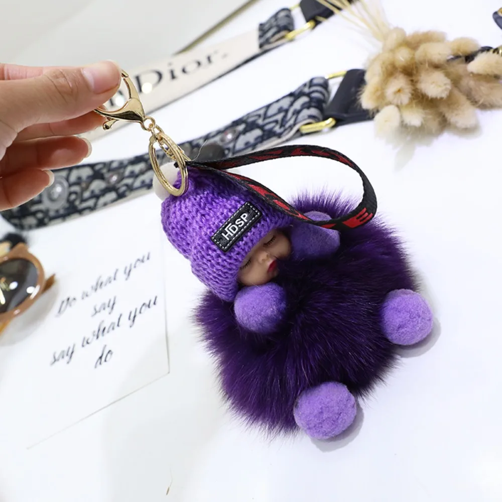 Colorful Pompom Sleeping Baby Keychain Pompom Baby Doll Cute Fluffy Plush Doll Key Chain Fluffy Plush Doll