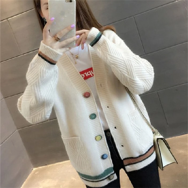 Women\'s Korean Casual Streetwear Y2K Pockets Button Knitted Cardigan Autumn Winter Trendy Chic V Neck Long Sleeve Sweater Coats