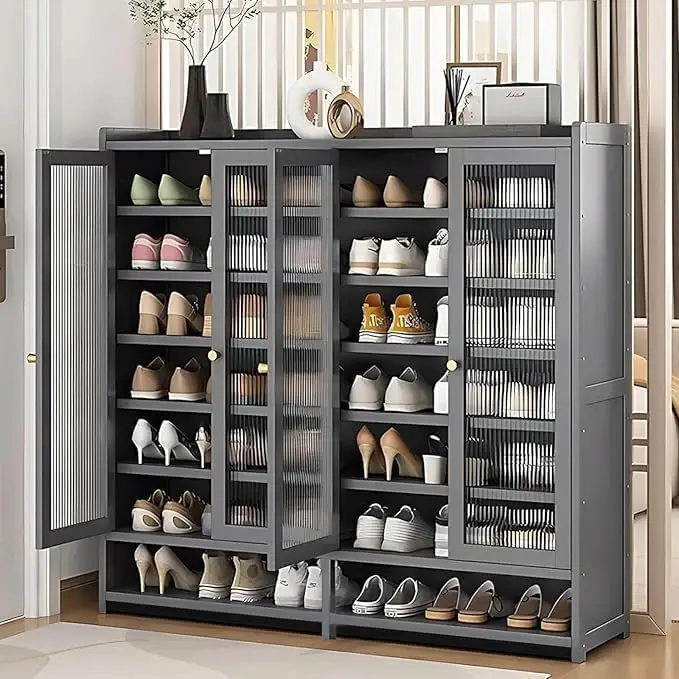 خزانة أحذية مكونة من 8 طوابق مع باب، وخزانة أحذية كبيرة للمدخل، و36-40 زوجًا من خزانة تخزين الأحذية المصنوعة من الخيزران