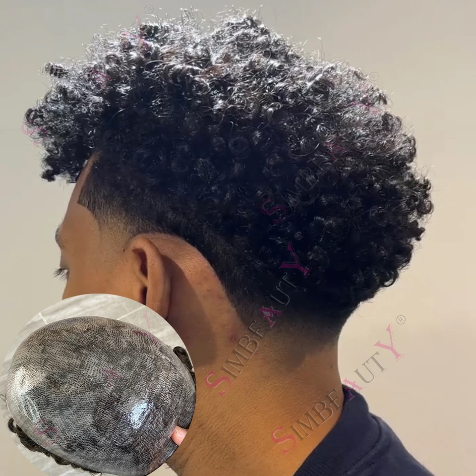 

10mm Kinky Curly Afro Mens Toupee Weave Black Man Wigs European Human Hair Replacemnt System Skin PU Hair Prosthesi Patch Pieces