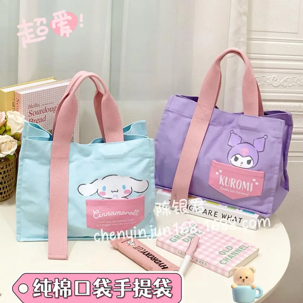 

Kawaii Melody Kuromi Handbag Sanrio Anime Girl Cartoon High-Capacity Bento Bag Portability Canvas Shopping Bag Mommy Bag Ins