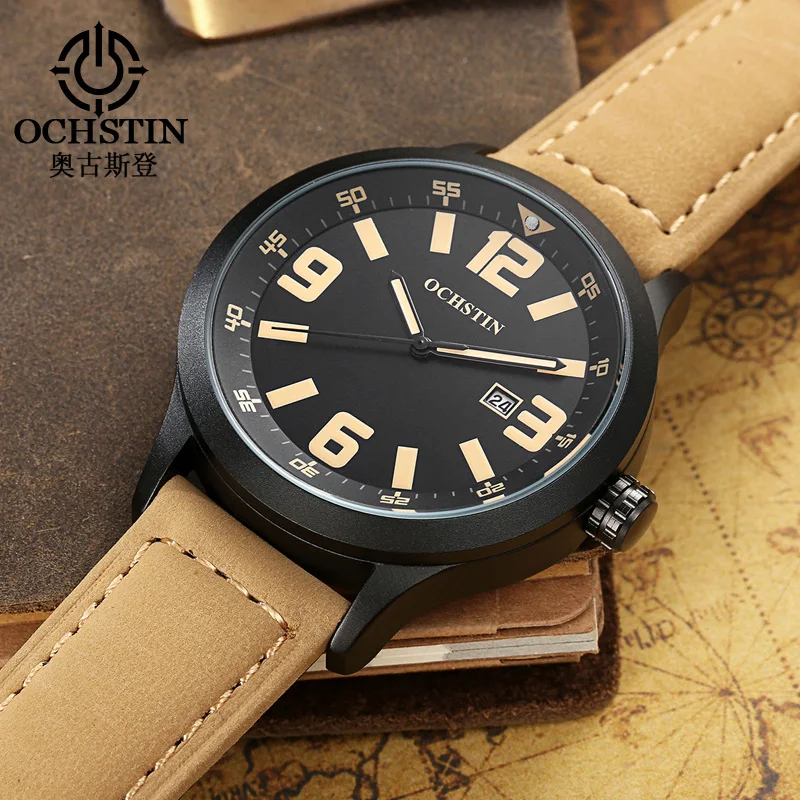 ochstin-シングルカレンダークォーツムーブメント腕時計男性レザーストラップ腕時計メンズ防水ミニマリストファッション高級時計