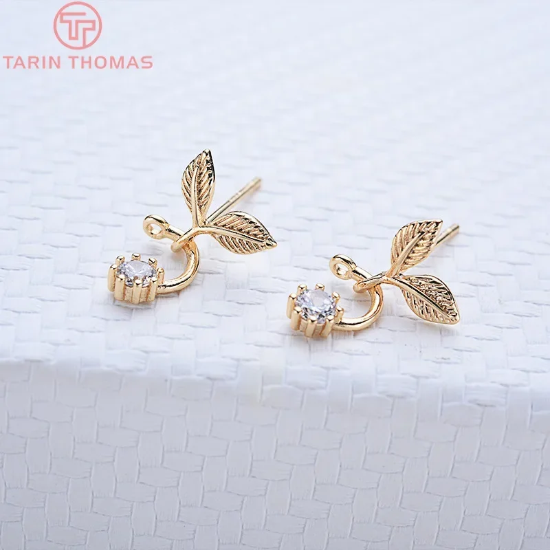 (2468)6PCS 8x15MM 24K Gold Color Brass with Zircon Two leaves Stud Earrings Pins High quality jewellery Accessories