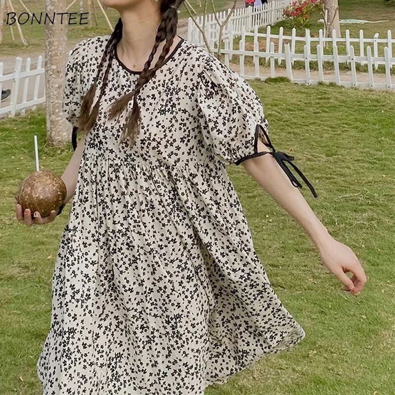 

Floral Dress Women Summer Loose Casual Streetwear Short Sleeve Vestidos Gentle Temper Vintage Girls Lace-up Ulzzang Seductive