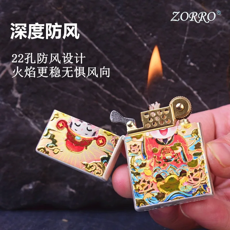 Новая 3D-зажигалка ZORRO четвертого поколения с позолотой, тонкая, цветная, керосиновая, ретро, латунная, ветрозащитная, подарочная, Z865