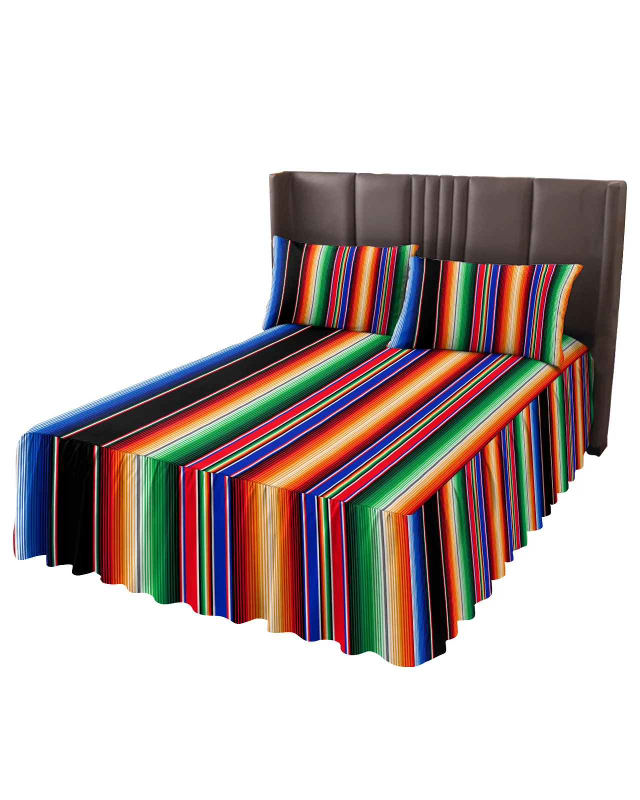 Mexican Stripes Colorful Stripes Bed Skirt Elastic Fitted Bedspread With Pillowcases Mattress Cover Bedding Set Bed Sheet