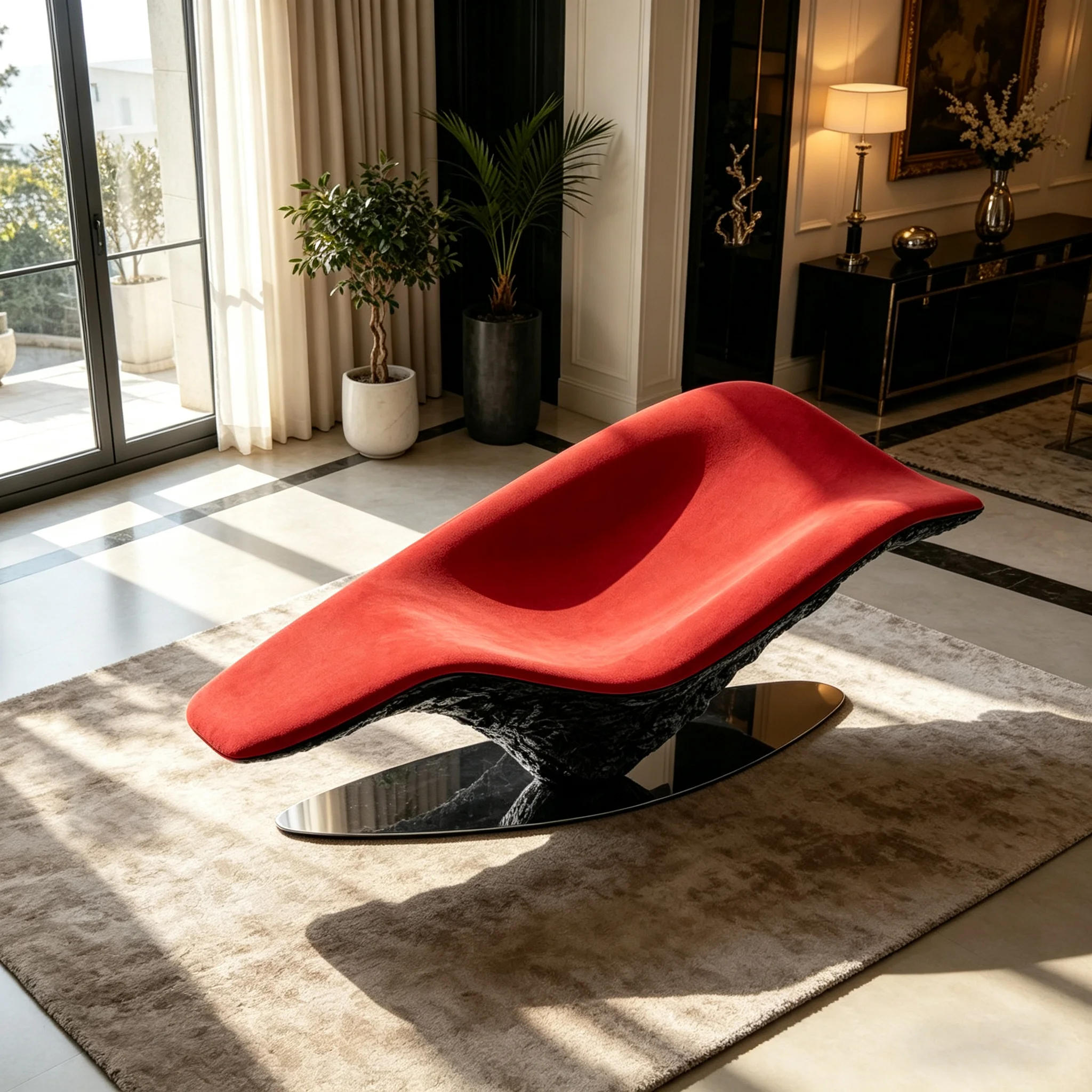 A*-Modern Sculptural Flying Carpet Lounge  Red Velvet Upholstery and Textured Fiberglass Base