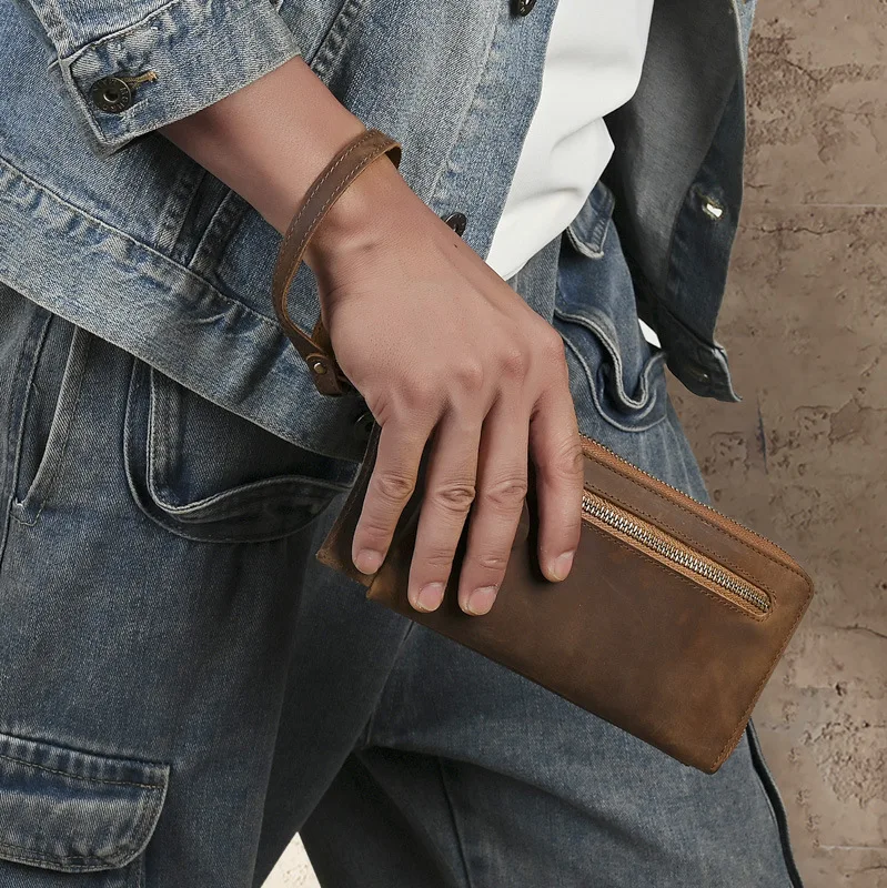 LD-Real Leather Grab Bag for Men, Large Capacity Casual Handbag, Multifunctional Wallet, Multi Card Mobile Phone Bag