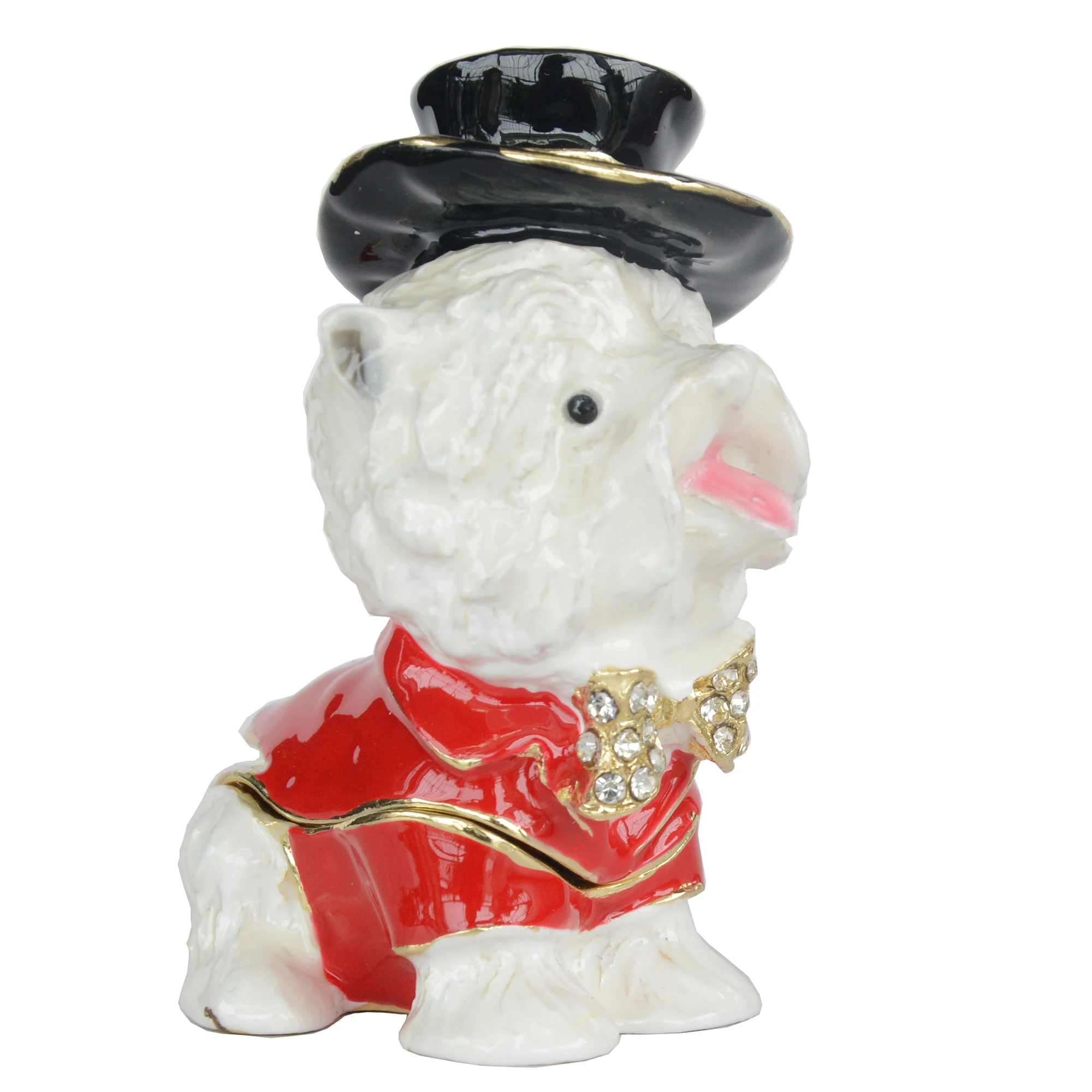 Top Hat Maltese Small Jewellery Box Figurine Yorkshire Terrier Dog Bejeweled Trinket Box Ring Holder Metal Gift Ornament
