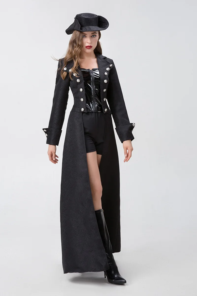Steampunk Women Costume Set Black Double Breast Trench Coat Halloween Pirate Cosplay Medieval Ladies Swordsman Carnival Outfit