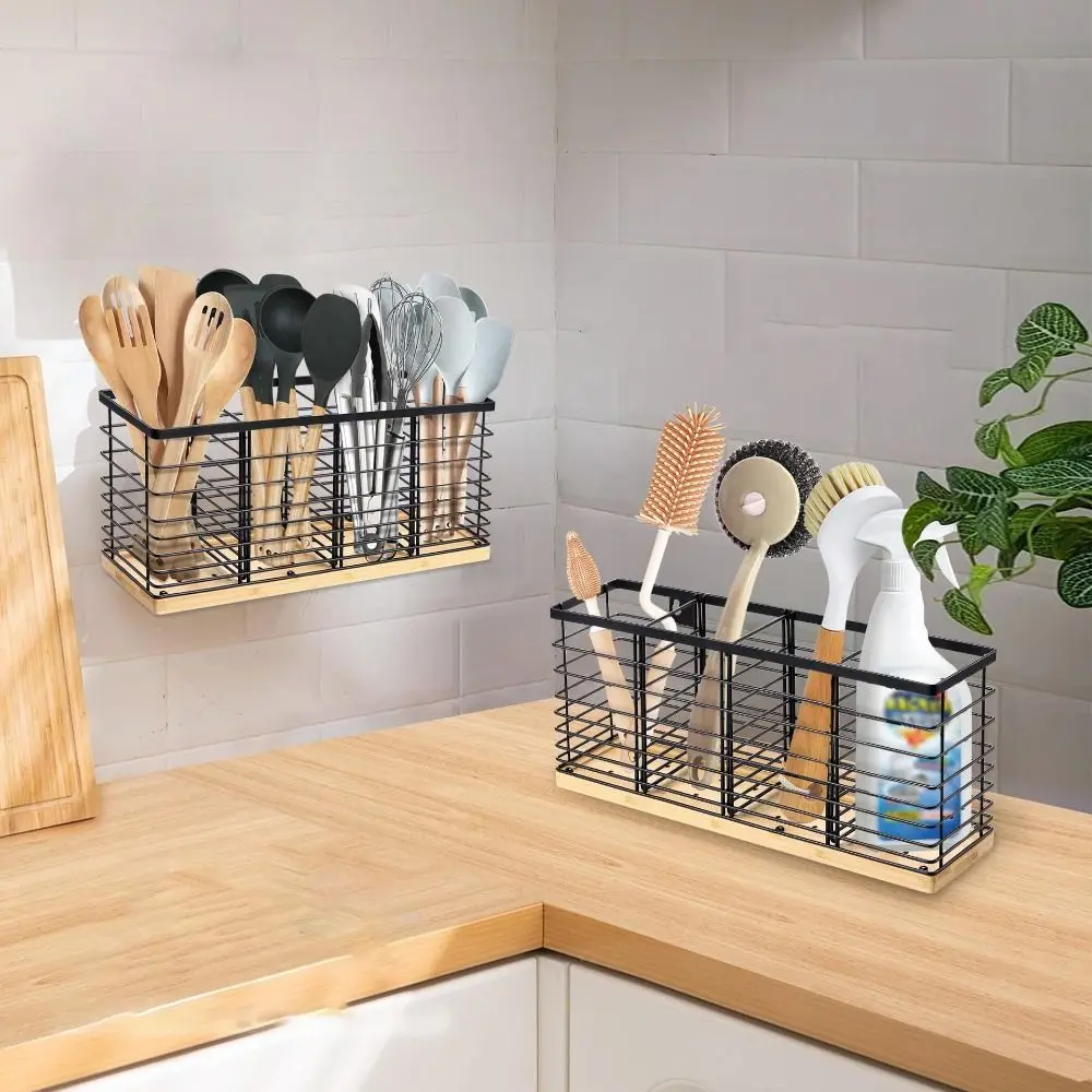 

Large Capacity Cooking Utensils Storage Basket 4 Compartment Detachable Cutlery Holder Drainable Ventilated