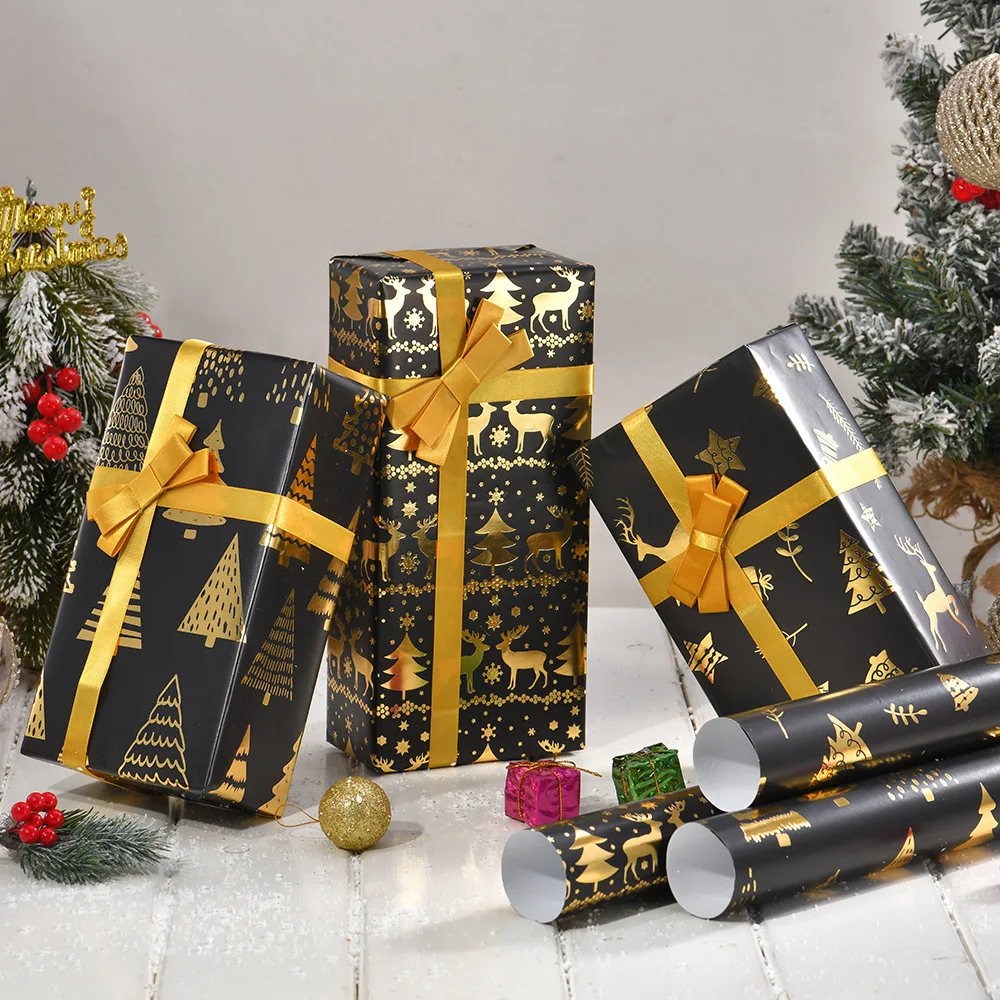 1 Roll Hot Stamping Black Gold Christmas Gift Wrapping Paper with Snowflake Christmas tree Reindeer Printed New Year Celebration