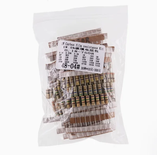 

300pcs 1W 5% 30values X 10pcs Carbon Film Resistance 0.1-750 Ohm Set Metal 0.33 0.5 100 1.5 200 2.7 3.3 390 470 560 Resistor Kit