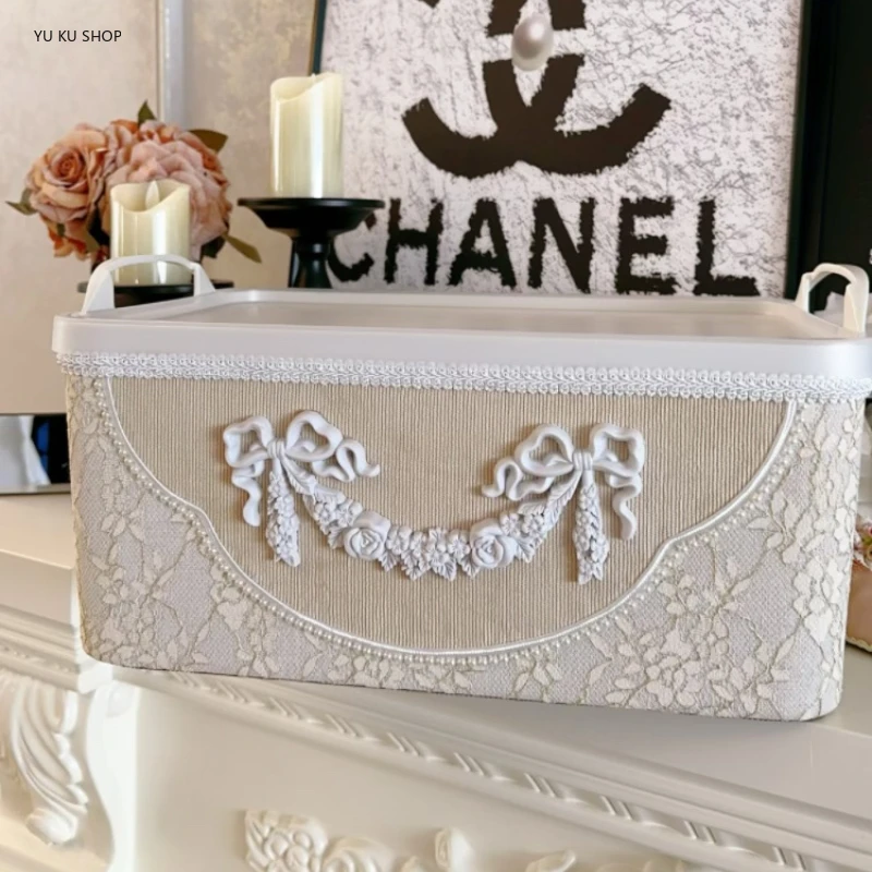 Fabric Tissue Box Handmade Beaded Handle Decorative Box European Remote Control Cosmetics Extraction Storage Basket Organization