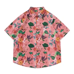 High Street Pink Plants Flowers Shirts Men Fashion Hawaiian Beach Blouse Loose Oversized Summer Tops Polo Collar Button Up Shirt