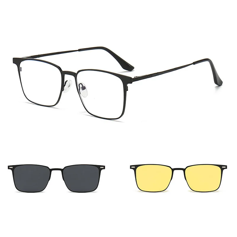 2+1 Men Fashion Alloy Glasses Frame With Polarized Clip On Sunglasses And Night Vision Women Eyewear