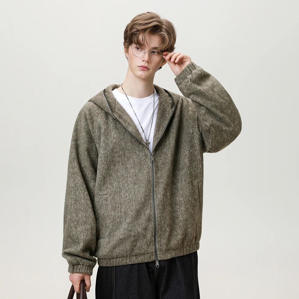 

TFETTERS 2025 Autumn Winter Streetwear Men's Hooded Mohair Cardigan Jacket Long Sleeve Full Zipper Loose Fit Casual Outerwear