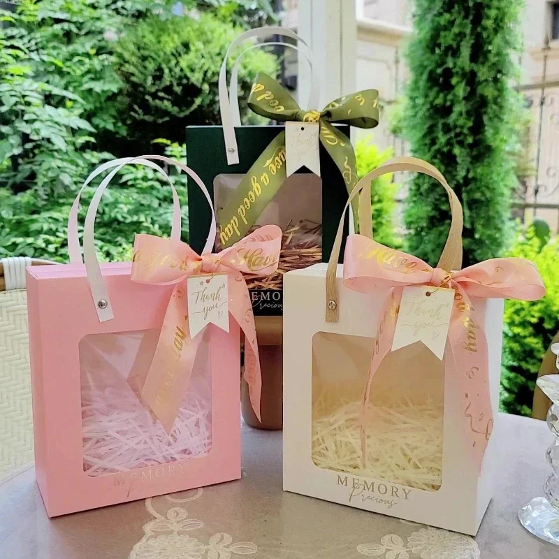 6PCS Clear Gift Bag Kraft Paper PVC Transparent Packaging Companion Present Candy Bags With Handle Birthday Party Mother's Day