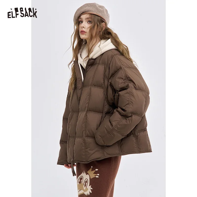 ELFSACK Casual Loose Round-Neck Hoodless Down Jacket For Woman