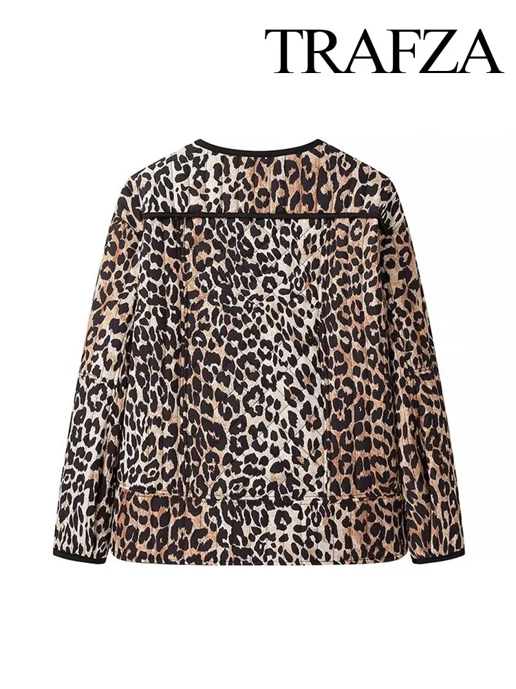 TRAFZA Women Winter Leopard Print Cotton Jacket Single Breasted Pocket Decorate Casual Coat Female New Fashion Loose Slim Jacket