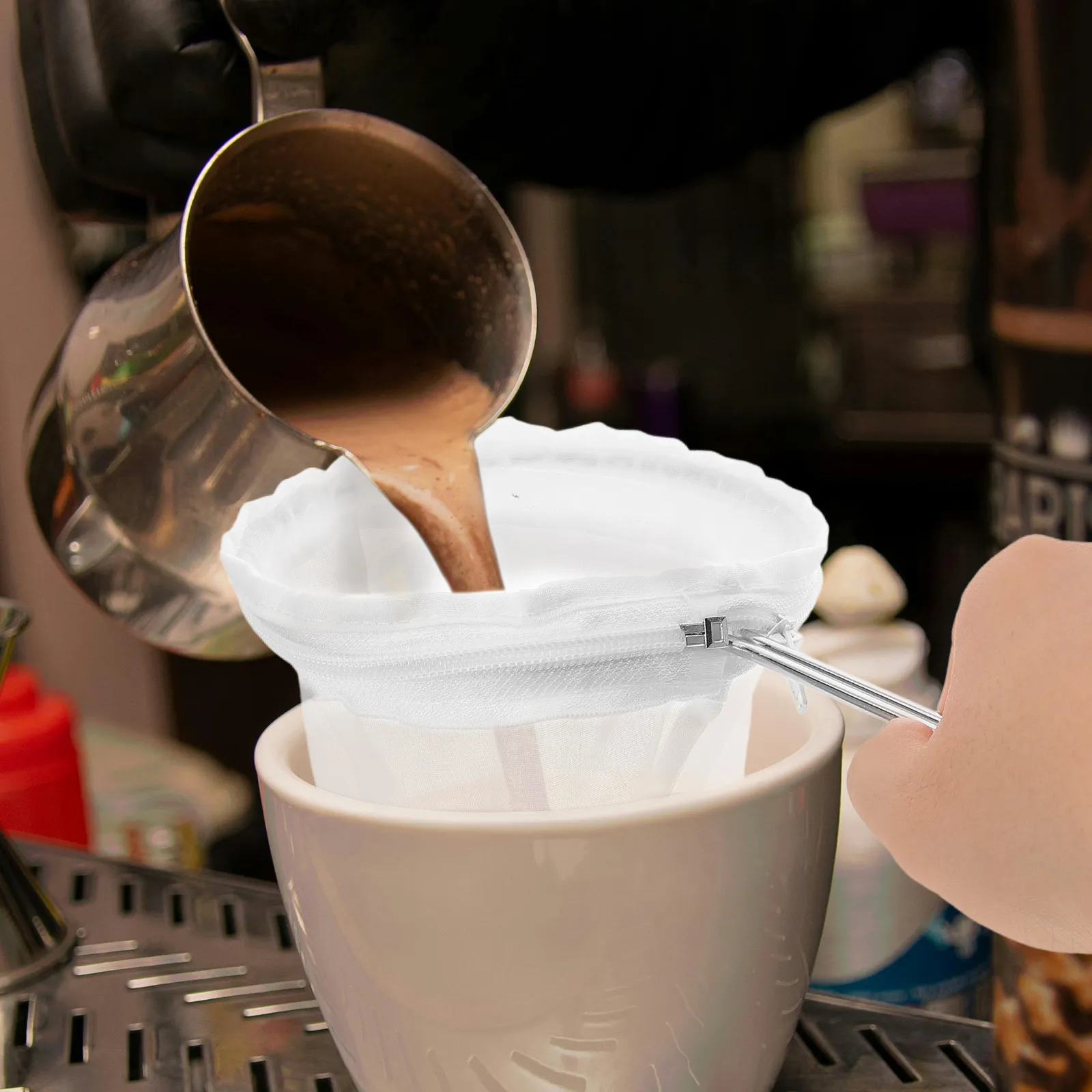 1Set Fine Mesh Strainer Bag Reusable Stainless Steel Frame with Zipper Handle Hanging Hole for Milk Soy Milk Coffee Juice Tea