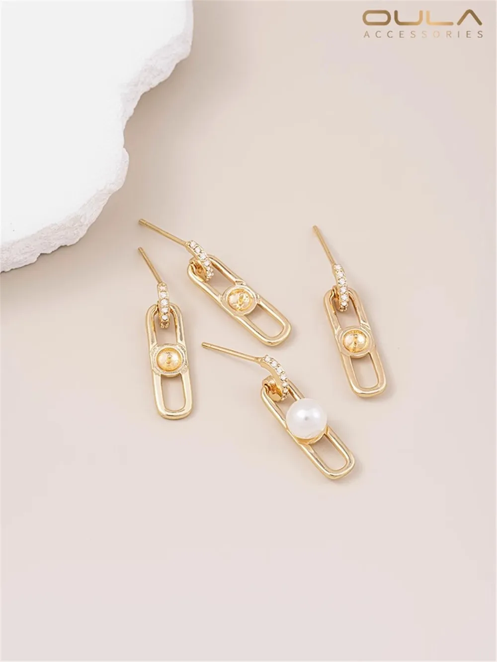 

925 Silver Needle 14K Gold Covered Geometric Long O Shape with Zirconium Bead Studs Handmade Diy Pearl Earrings Accessories