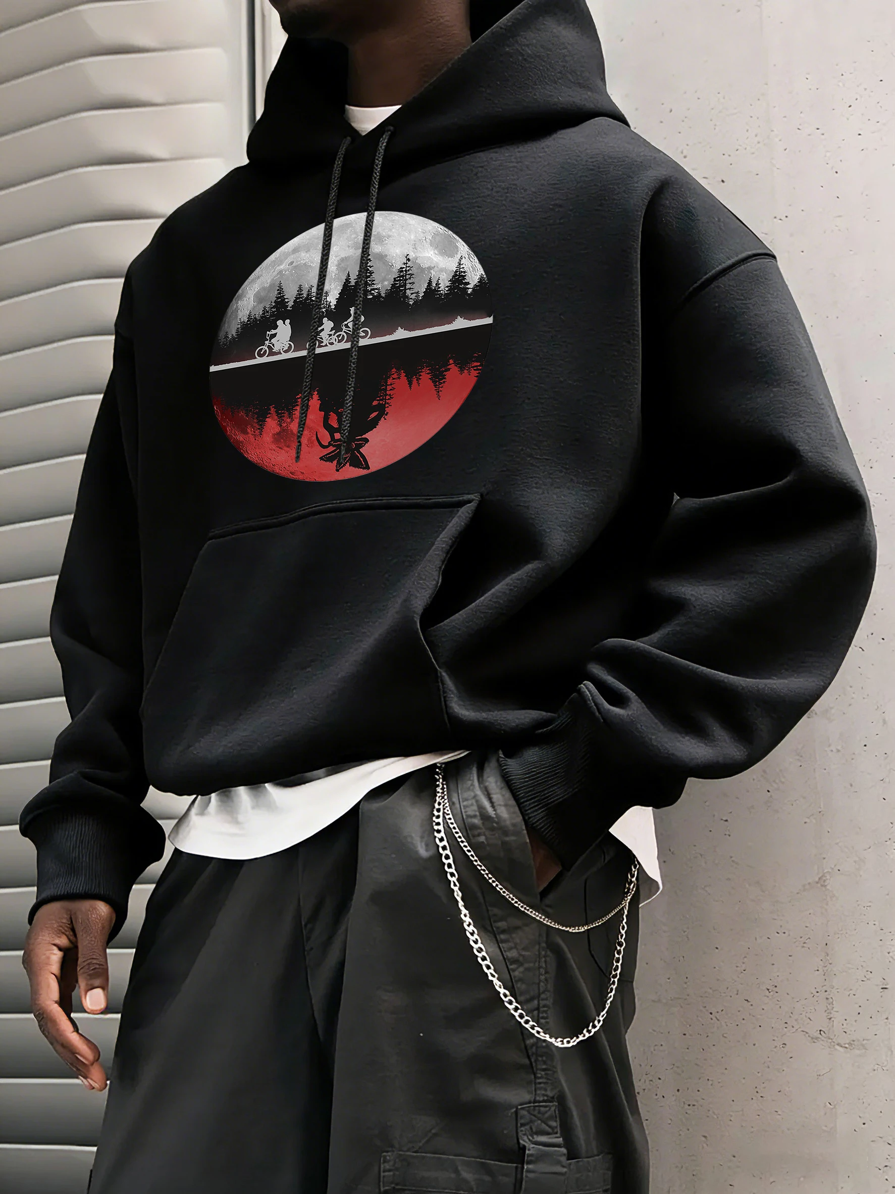 Fremder Fahrrad Aufkleber Druck Männer Retro Hoodies Tasche Lose Beiläufige Sweatshirt Mode Langarm Herbst Warme Fleece Kleidung