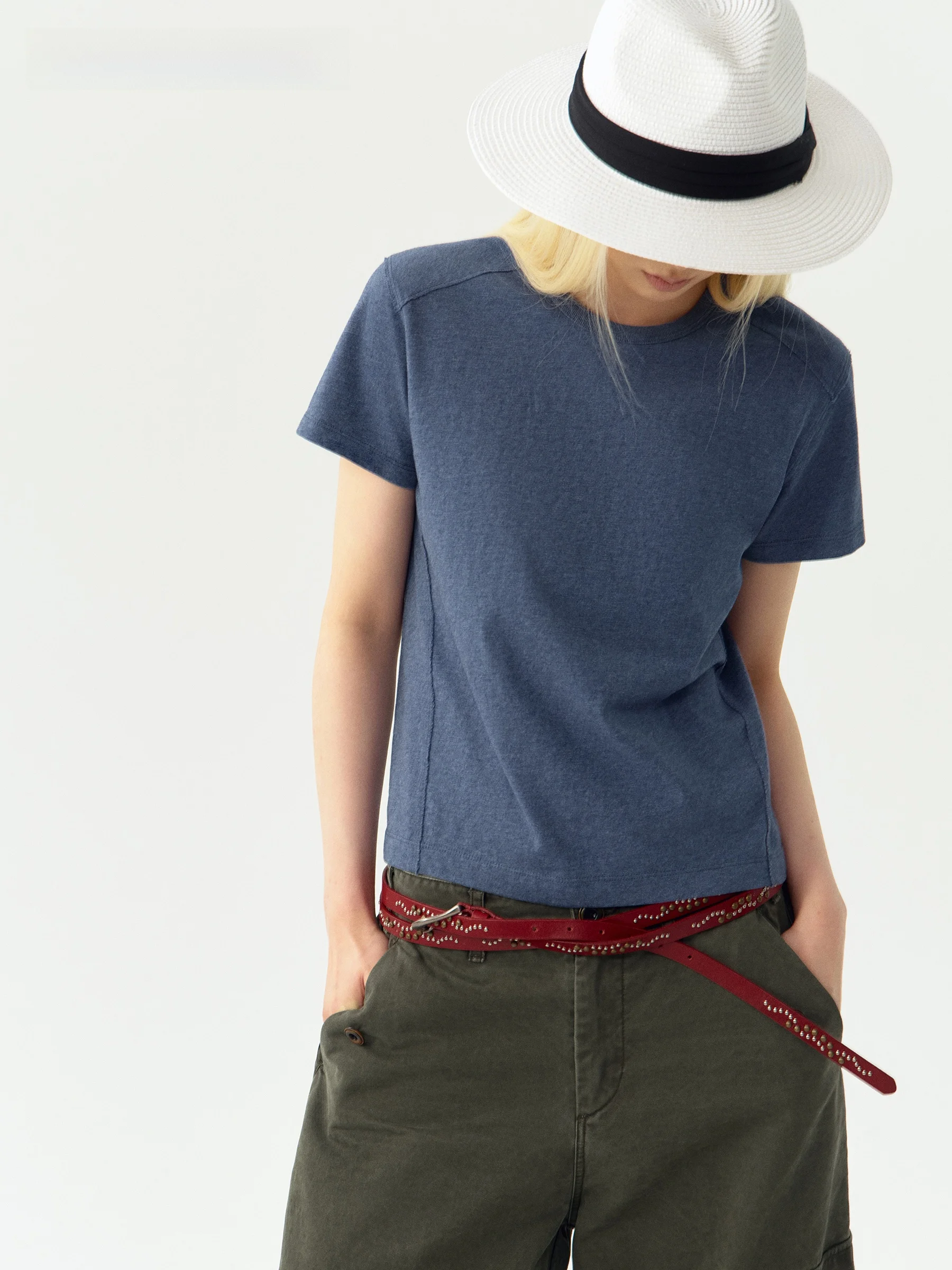 VERMO Retro Colored Spun Cotton Yarn Texture round Neck Short Sleeve Women's T-shirt Decorative Frayed Shoulder Pure Cotton C...