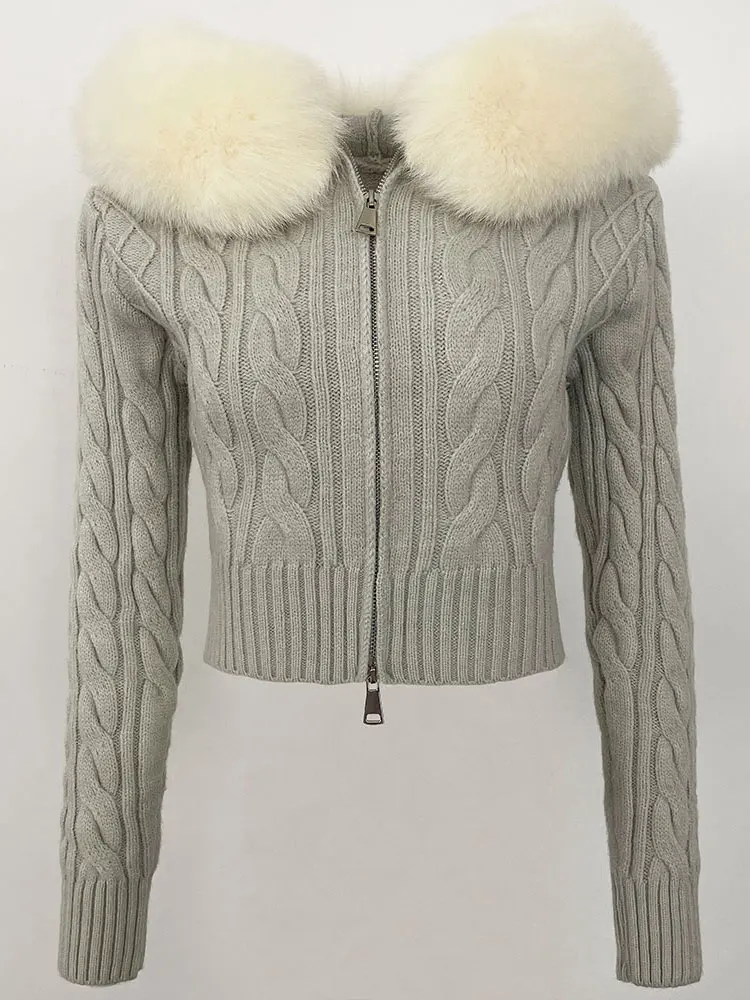 2025 nouveau printemps automne femmes court mince col de fourrure tricots solide réel fourrure de renard pull recadrée tricoté Cardigan femme