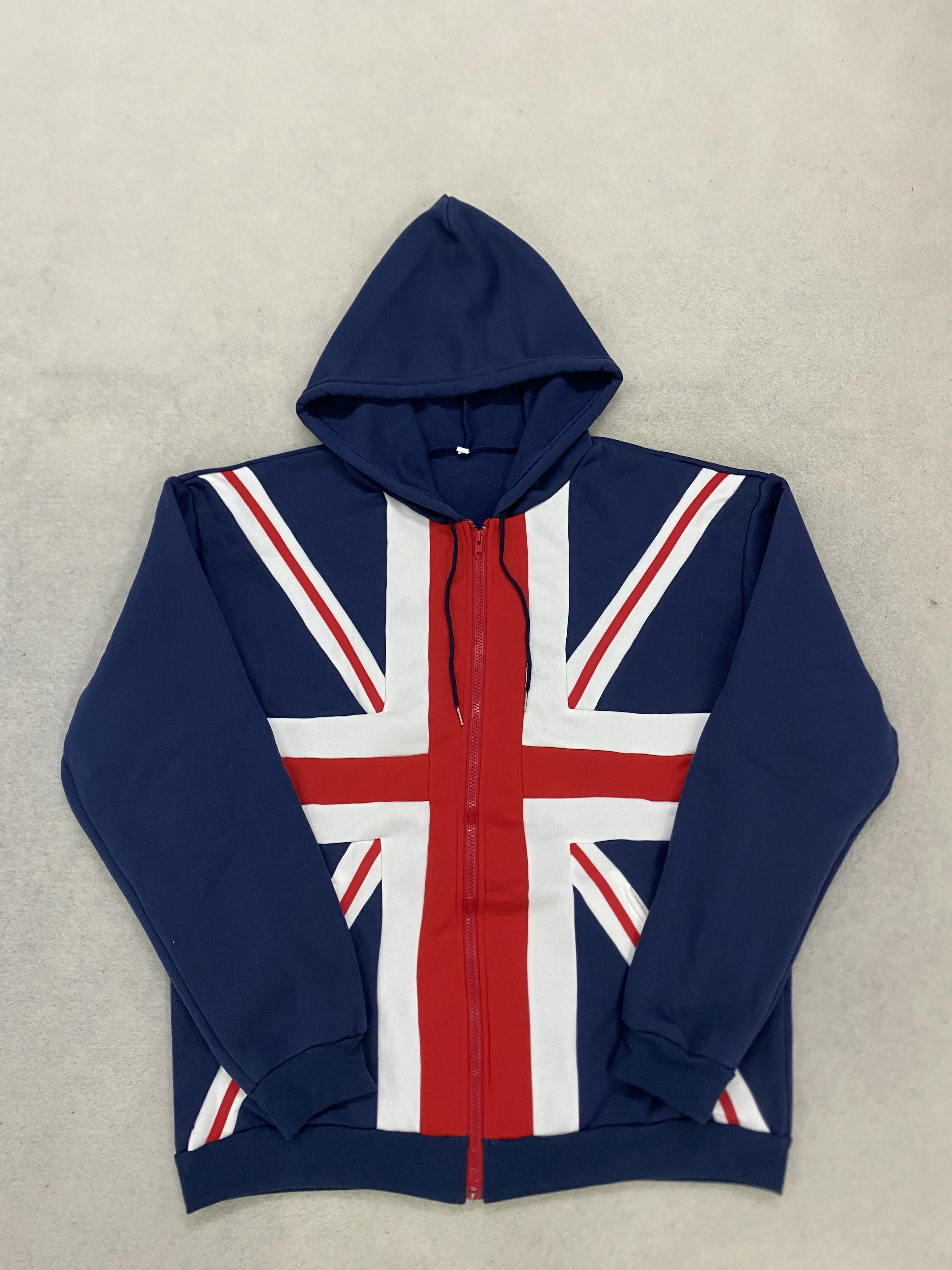 

Winter men's and women's retro British streetwear Union Jack collage color blocked zipper drawstring hood long sleeved hoodie