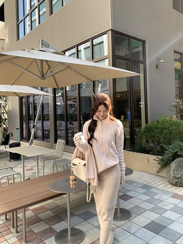 

77Store 00% Wool Knitted Autumn Winter Sweater Women Loose Zipper Cardigan High Collar Long Sve Warm Thermal Faion