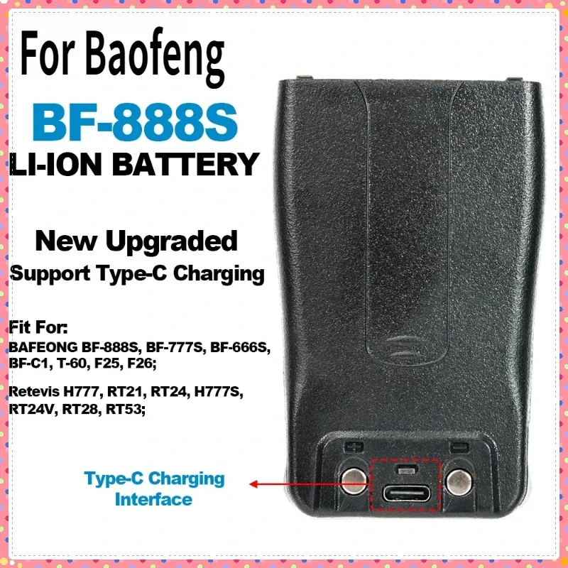 

For Baofeng Walkie Talkie BF-888S Li-ion Battery New Upgraded Support Type-C Charging 1500mAh 3.7V Replacement Battery BL-1