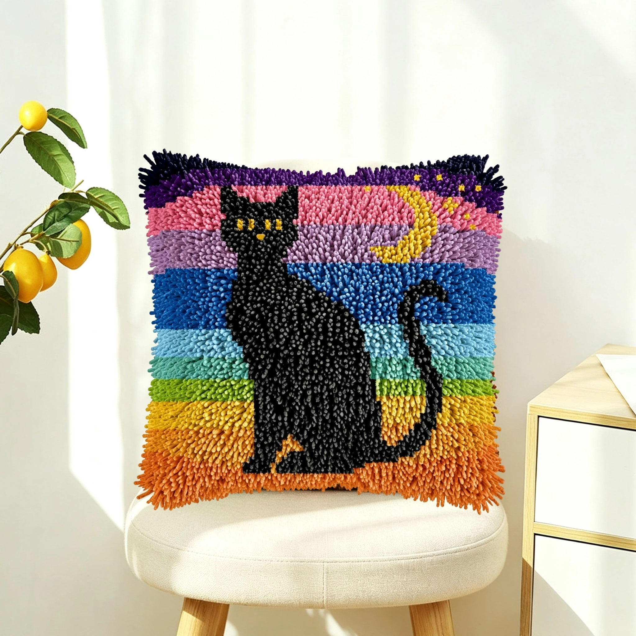 1 Set Regenbogen-Schwarze-Katze-Mondknoten-Kissen-Bastelset mit Kissenbezug für Handarbeiten, DIY-Anfängerfreundliches Latch-Hook-Set – Detail 3