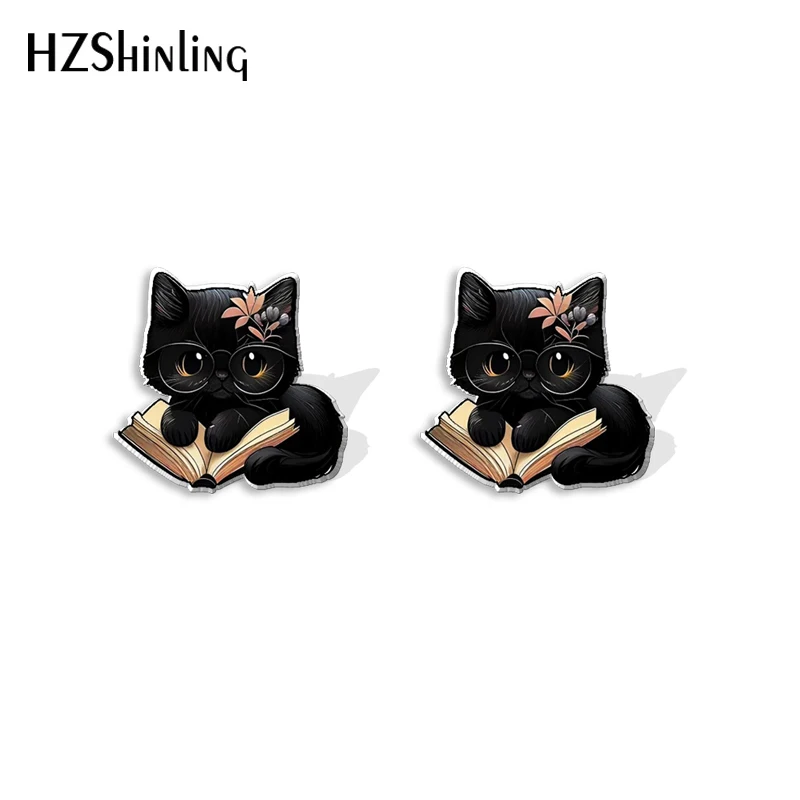 2023 New Black Cat with Books Stud Earring Love Reading Acrylic Resin Earrings Epoxy Handmade Jewelry Gifts Friends