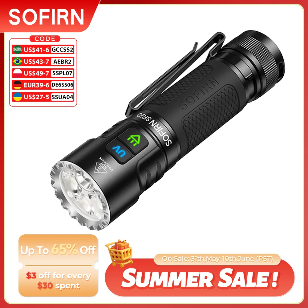 

SOFIRN SR23 Dual Light Flashlight 3300lm White Floodlight&365nm UV Light 21700 USB C Rechargeable EDC lamp with Magnetic Tailcap