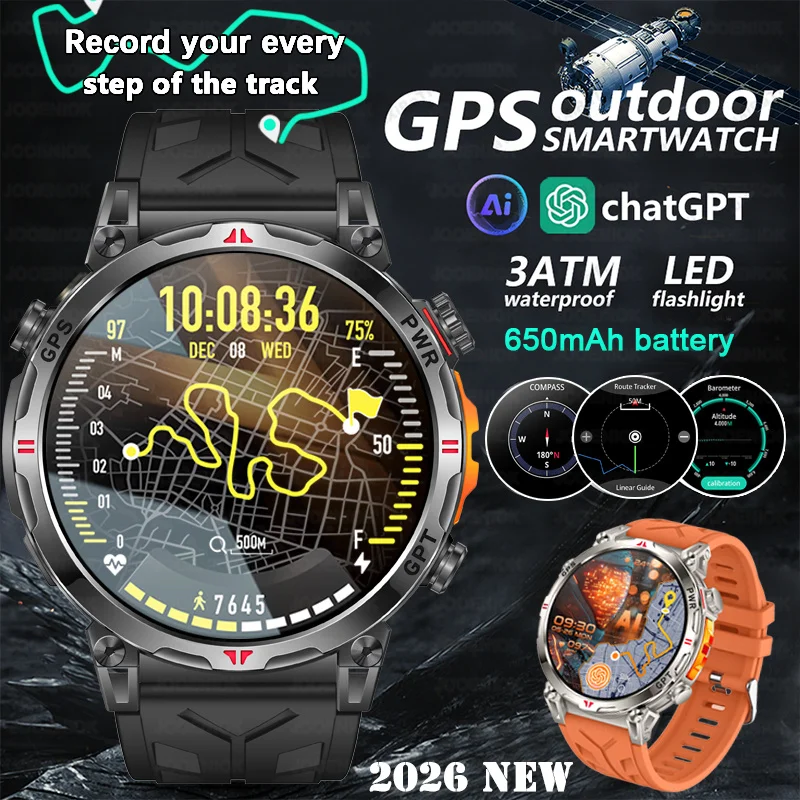 

2025 Новые военные умные часы с GPS-позиционированием для мужчин, 650 мАч, AMOLED-экран, компас, высотомер, частота сердечных сокращений, 5 АТМ, водонепроницаемые часы с HD-вызовом