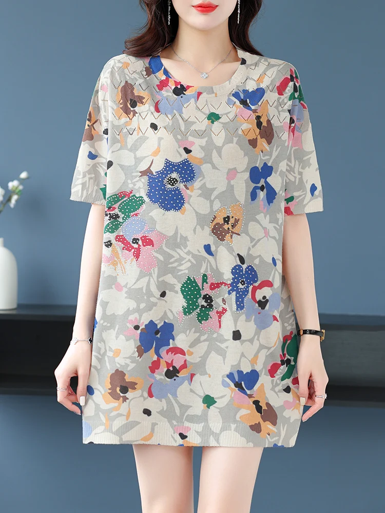 

Print T Shirt Women Pullovers 2025 Summer Clothes For Women Long Tees Knitted Dress Short Sleeve Women's T-shirt