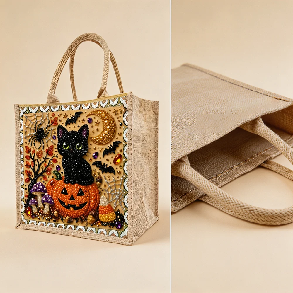 Jute Burlap Tote Bag Halloween Black Cat Pumpkin DIY Diamond Art Shopping Handbag Reusable Eco Beach Market Shoulder Shopper Bag