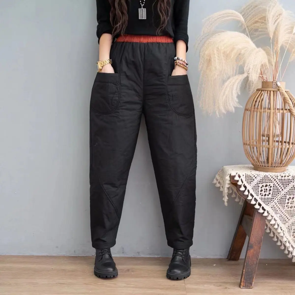 

Хлопок и лен, свободные флисовые штаны большого размера с утолщенной маленькой ногой, повседневные шаровары в этническом стиле, новинка 2025 года, зимний стиль XT1616