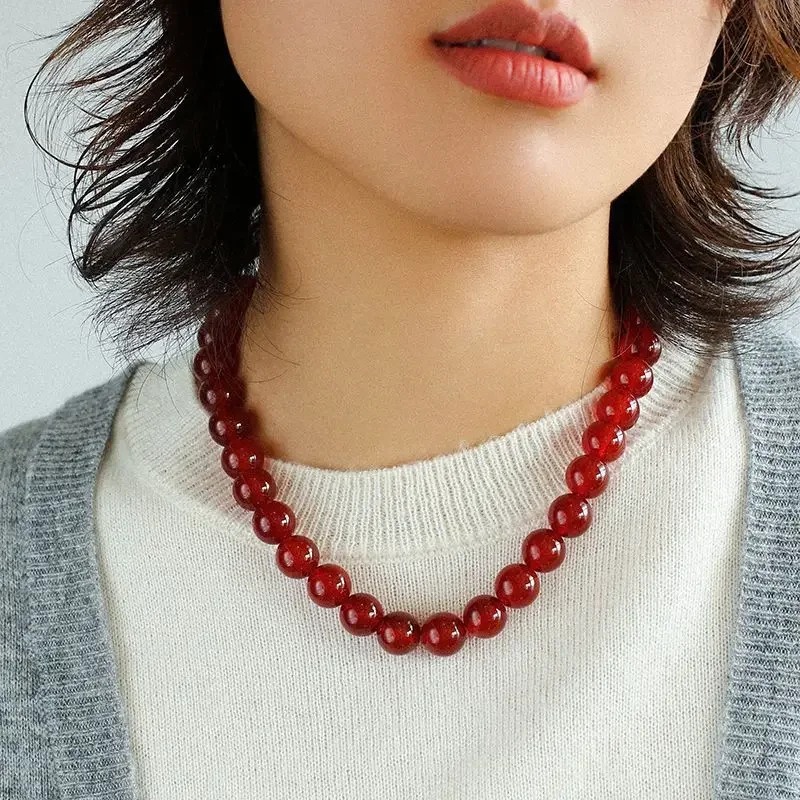 

Luxury Elegant 4 6 8 10 MM Natural Stone Red Agates Beads Necklace for Women Jewelry Fashion Ethos Choker Collarbone Chain INS