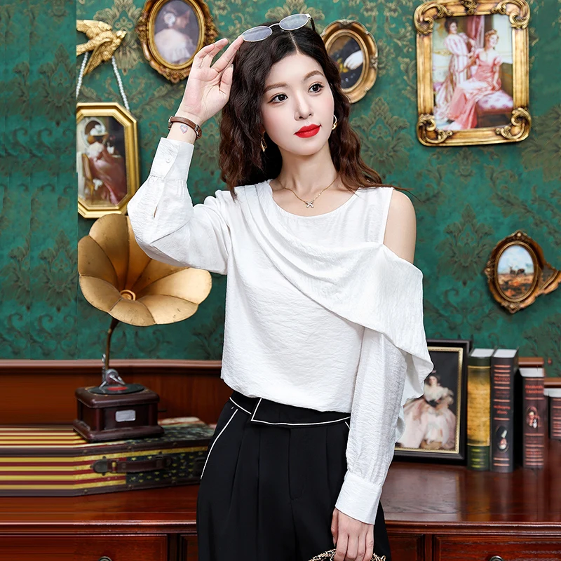 

vintage Women's Shirt Solid Casual Chiffon Shirt Fashion Loose Spring/Summer Korean Clothing Long Sleeve Off-Shoulder Women Top