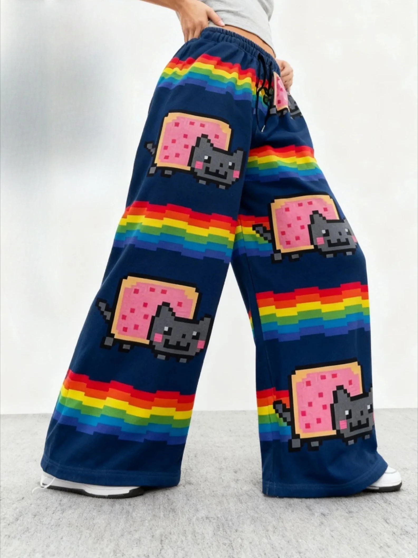 

Спортивные штаны с мультяшным принтом Nyan Cat, брюки Y2k, свободные женские брюки с эластичной резинкой на талии, уличная одежда, повседневные брюки в стиле хип-хоп, женская одежда
