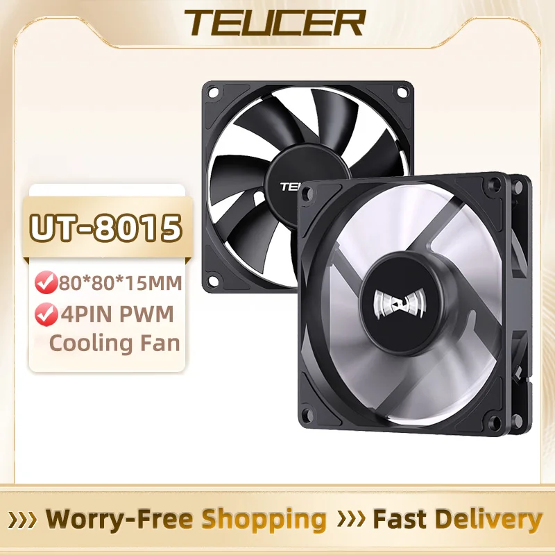TEUCER UT-8015 Wentylator do obudowy komputera 8 cm 4-pinowy 1200-3000 obr./min Inteligentna kontrola temperatury Wentylator chłodzący 80 mm Ultracienki wentylator o niskim poziomie hałasu