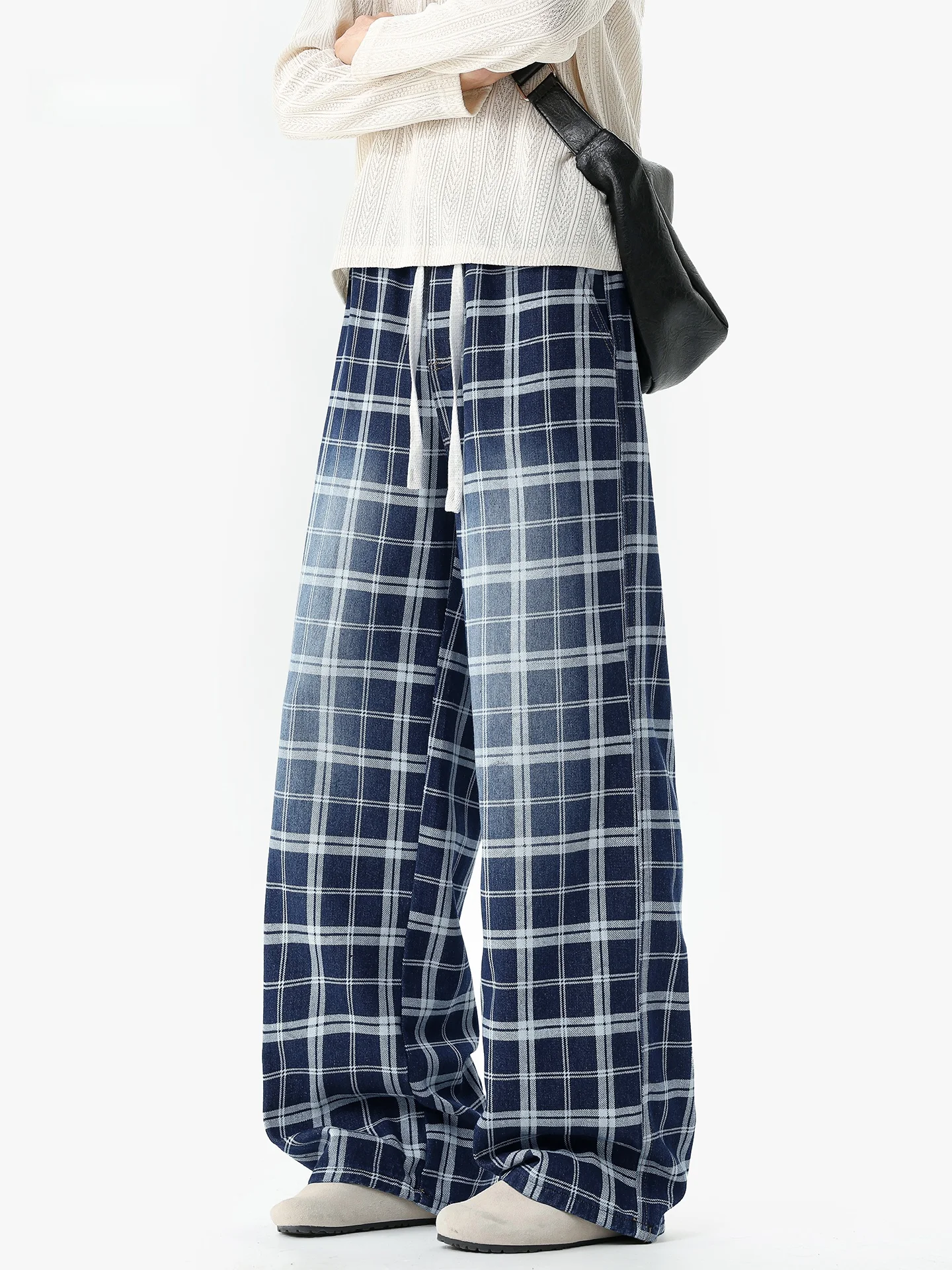

Retro American Plaid Thiened Straight Leg Men's Jeans Autumn Winter Casual Wide Leg Long Pants Youth Faion Warmth