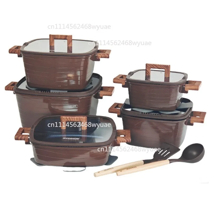 Diecasting square soup pot foreign trade hot-selling set 15-piece set, bottom covering non-stick electromagnetic heat conduction
