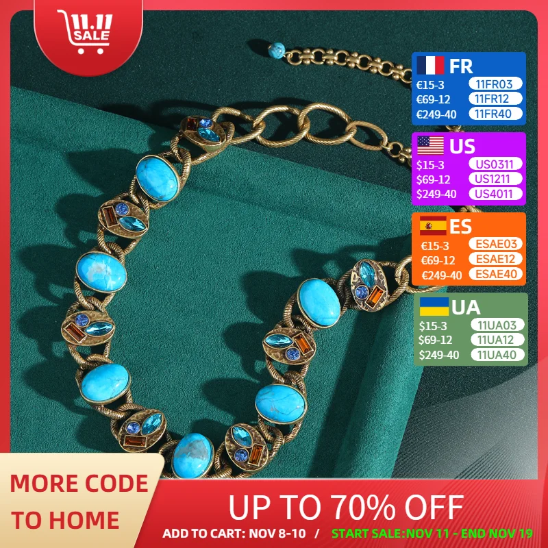 

Vintage Turquoise Blue Stone Necklace Antique Gold Color Chain Colorful Crystal Jewelry 2025 High Quality Luxury Designer New