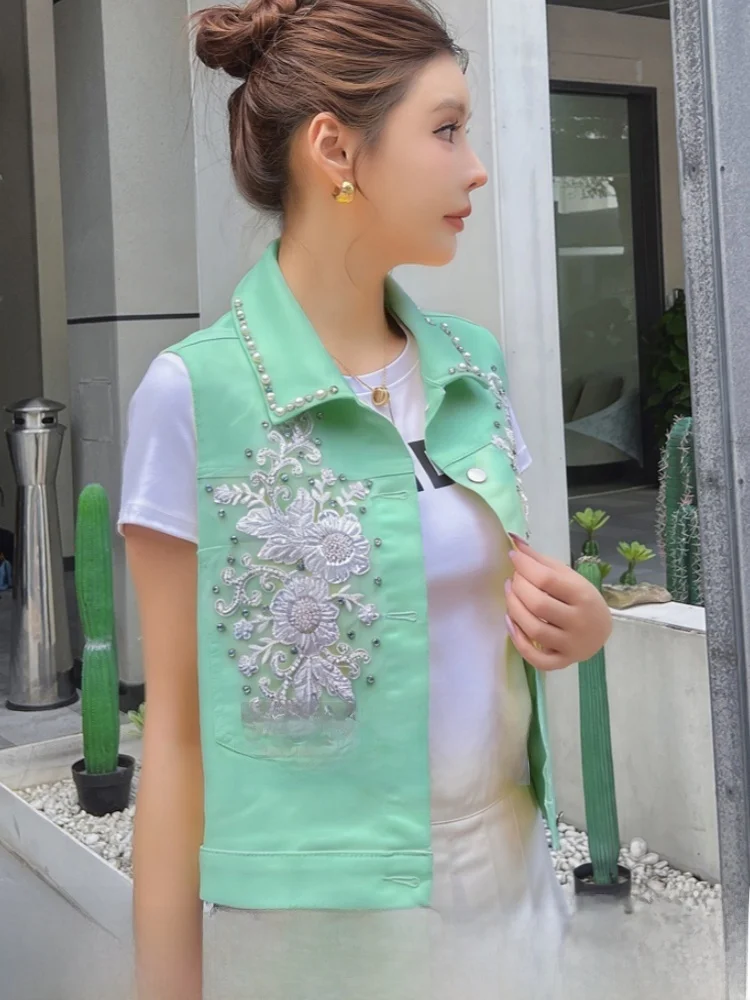 

Fashionable Light Green Denim Vest Women's Jacket Commute Style Short Coat Breathable Single Button Closure Standard Fit